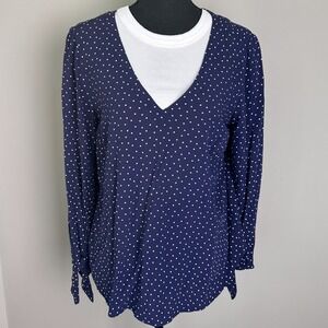 Anthropologie Maeve Womens Blouse Small Navy Polka Dot V Neck Tie Sleeve Rayon